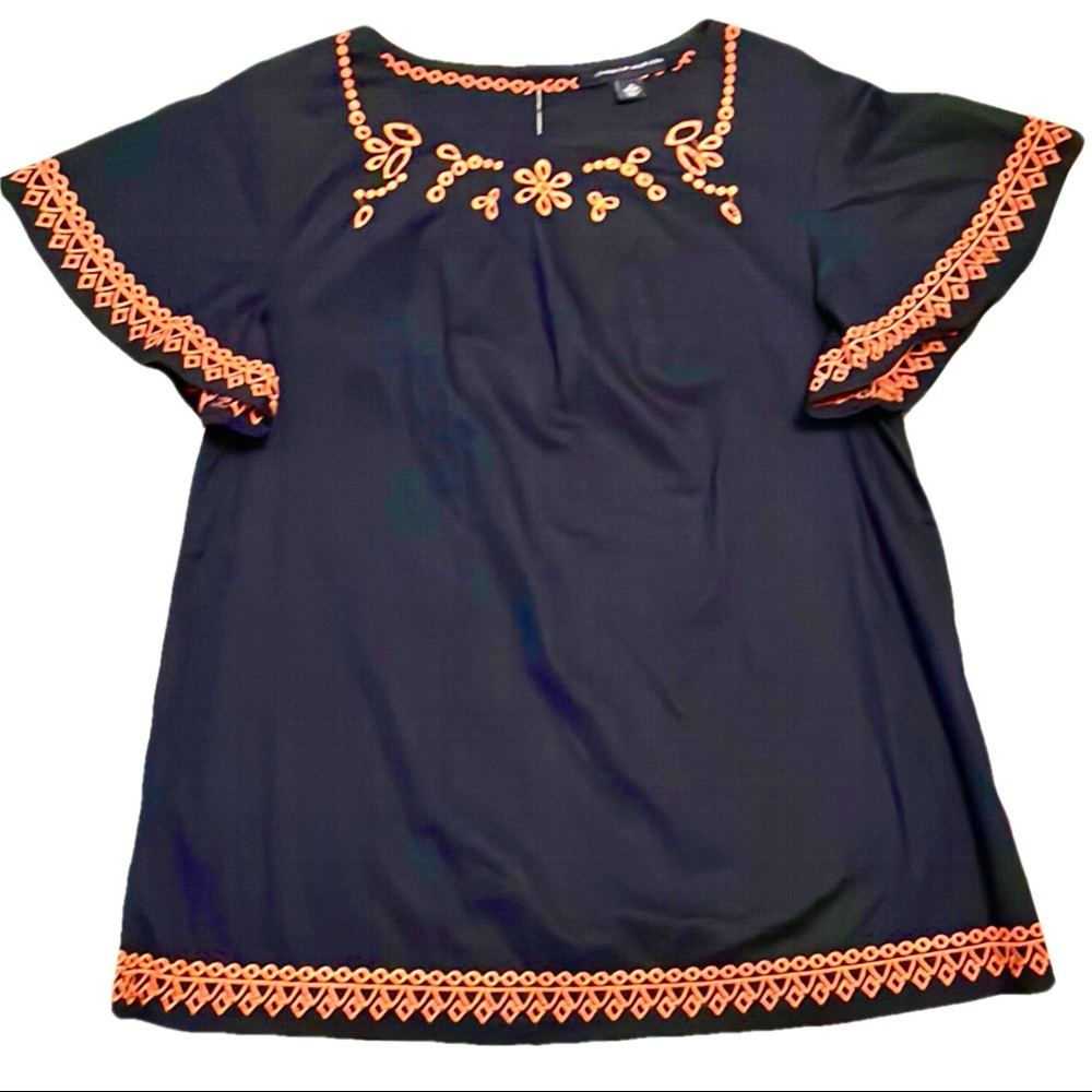 Tommy Hillfiger Dark Blue/Orange Embroidered Flutter-Sleeve TopㅣWomen’s XSㅣUsed